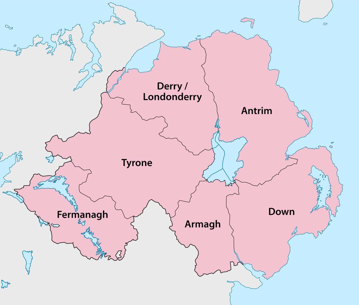 نقشہ کے شمالی آئر لینڈ کے ممالک اور شہروں کے